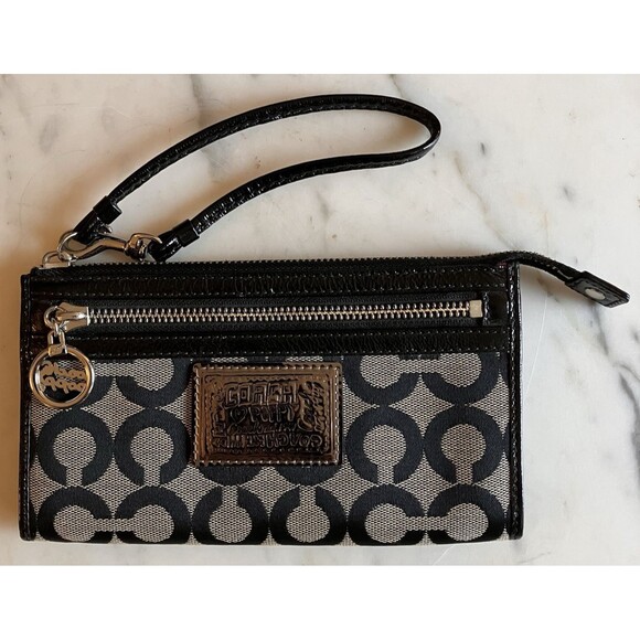 Coach Wristlet Poppy Y2K Corner Zip Wallet Purse Khaki Black Signature C Leather - Picture 1 of 8